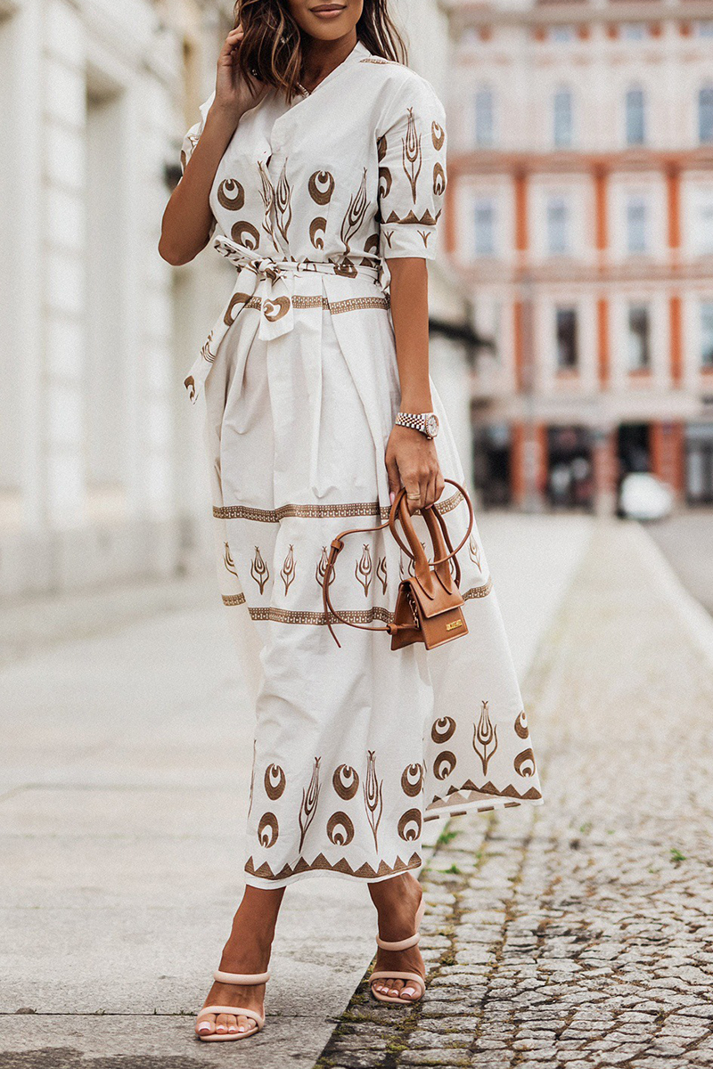 Terra - geometrische print midi-jurk met platte kraag en halve mouwen