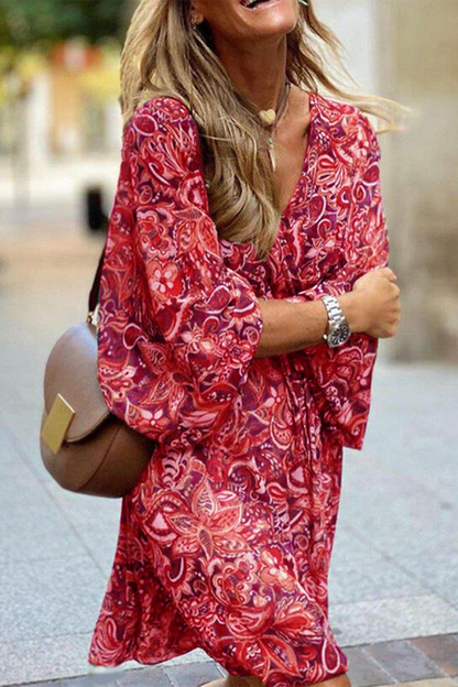 Women's Bohemian Dress - V-Neck - Floral Paisley Print - Cinched Waist - Flowy Sleeve