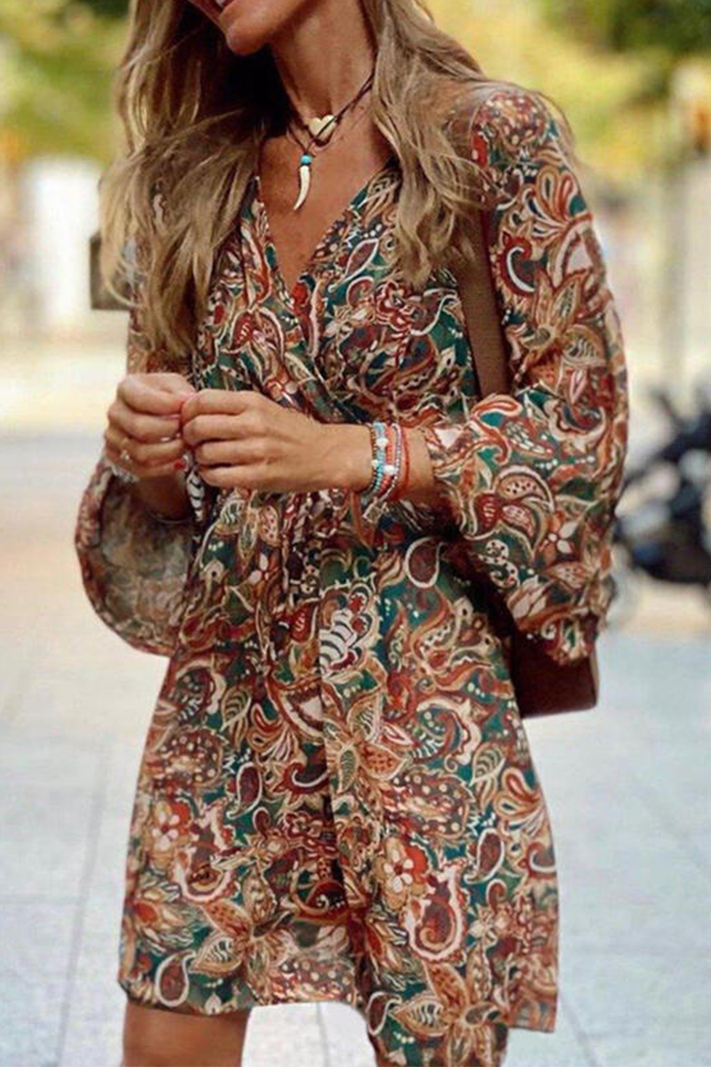 Women's Bohemian Dress - V-Neck - Floral Paisley Print - Cinched Waist - Flowy Sleeve