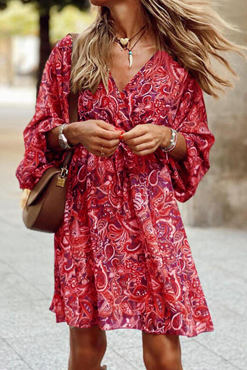 Women's Bohemian Dress - V-Neck - Floral Paisley Print - Cinched Waist - Flowy Sleeve