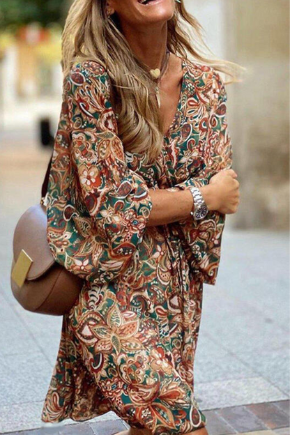 Women's Bohemian Dress - V-Neck - Floral Paisley Print - Cinched Waist - Flowy Sleeve