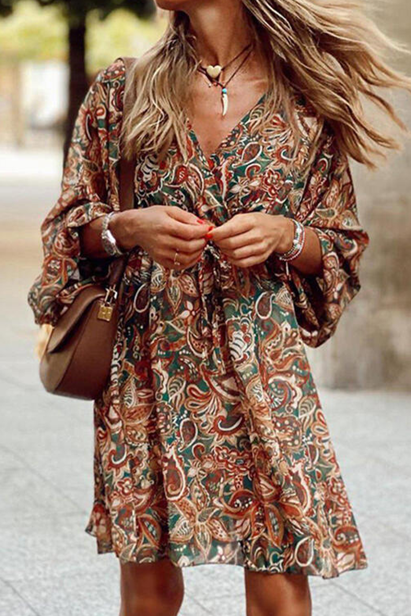 Women's Bohemian Dress - V-Neck - Floral Paisley Print - Cinched Waist - Flowy Sleeve