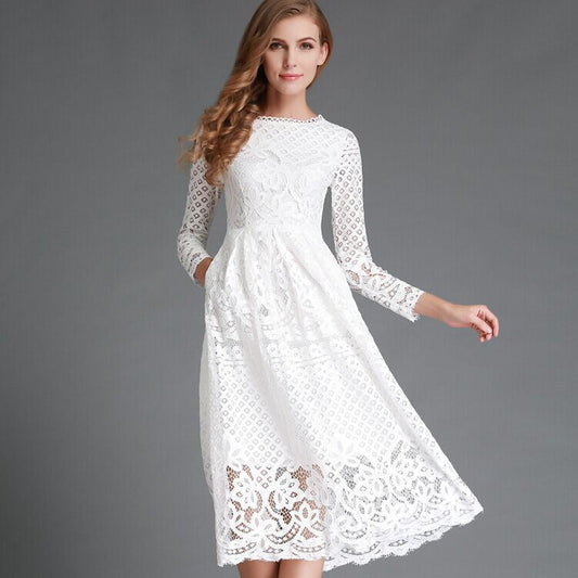 Women’s Midi Dress – Lace Floral Pattern – Sheer Long Sleeve – A-Line Fit