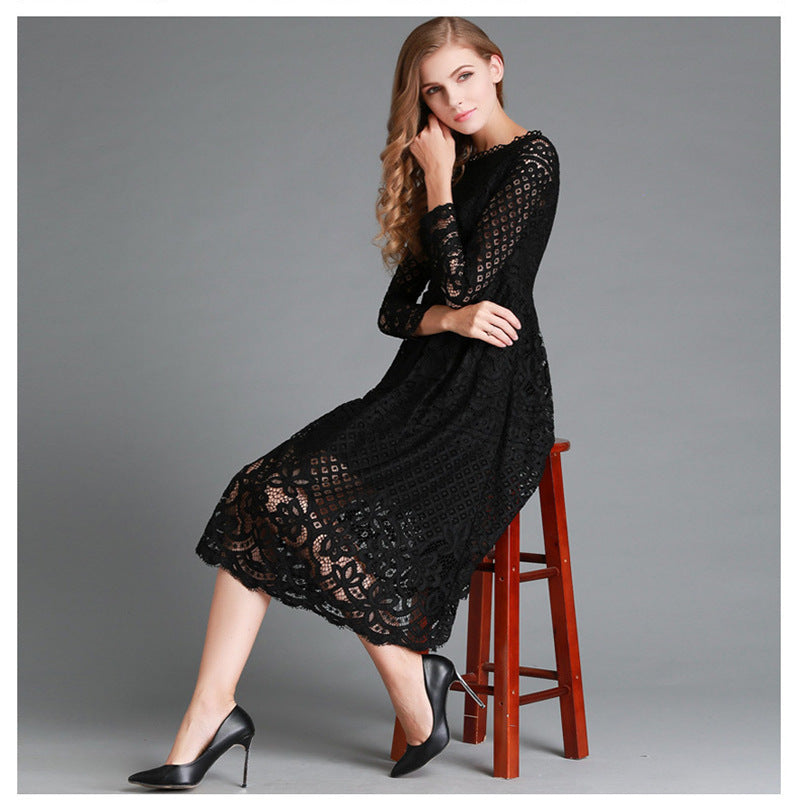 Women’s Midi Dress – Lace Floral Pattern – Sheer Long Sleeve – A-Line Fit