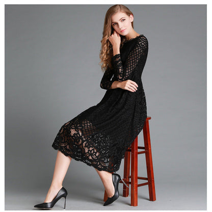 Women’s Midi Dress – Lace Floral Pattern – Sheer Long Sleeve – A-Line Fit