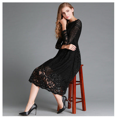 Women’s Midi Dress – Lace Floral Pattern – Sheer Long Sleeve – A-Line Fit