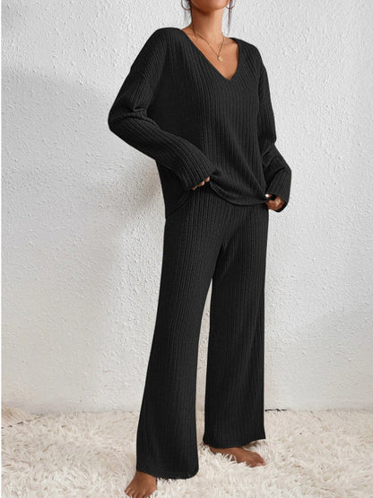 Women's Ribbed Knit Loungewear Set - V-Neck Sweater & Wide-Leg Trousers - Soft Stretch Fabric