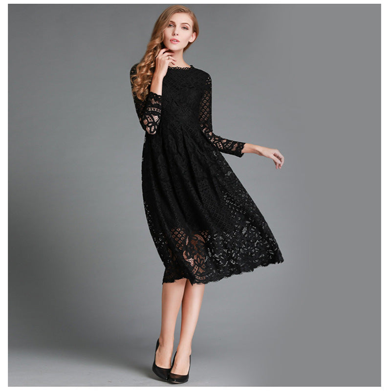 Women’s Midi Dress – Lace Floral Pattern – Sheer Long Sleeve – A-Line Fit
