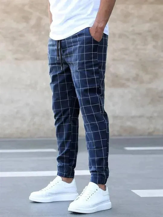 Men’s Jogger Pants - Checkered Pattern - Slim Tapered Fit - Elastic Waistband