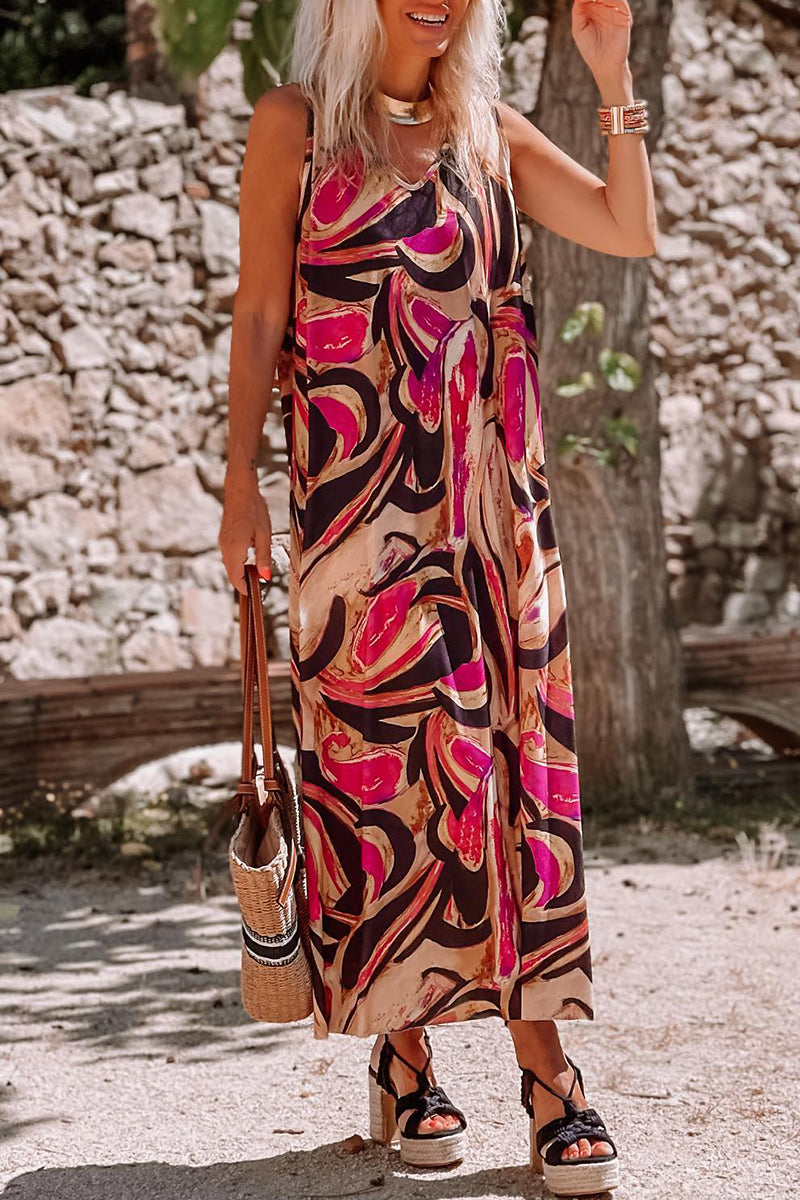 Women's Maxi Dress - Sleeveless Flowing Fit - V-Neck Abstract Print - Casual & Beach Wear