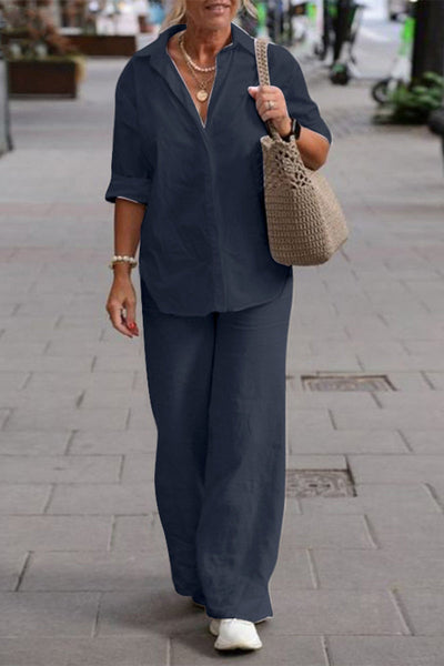 Women's Two-Piece Set with Wrap Collar and Long Sleeves