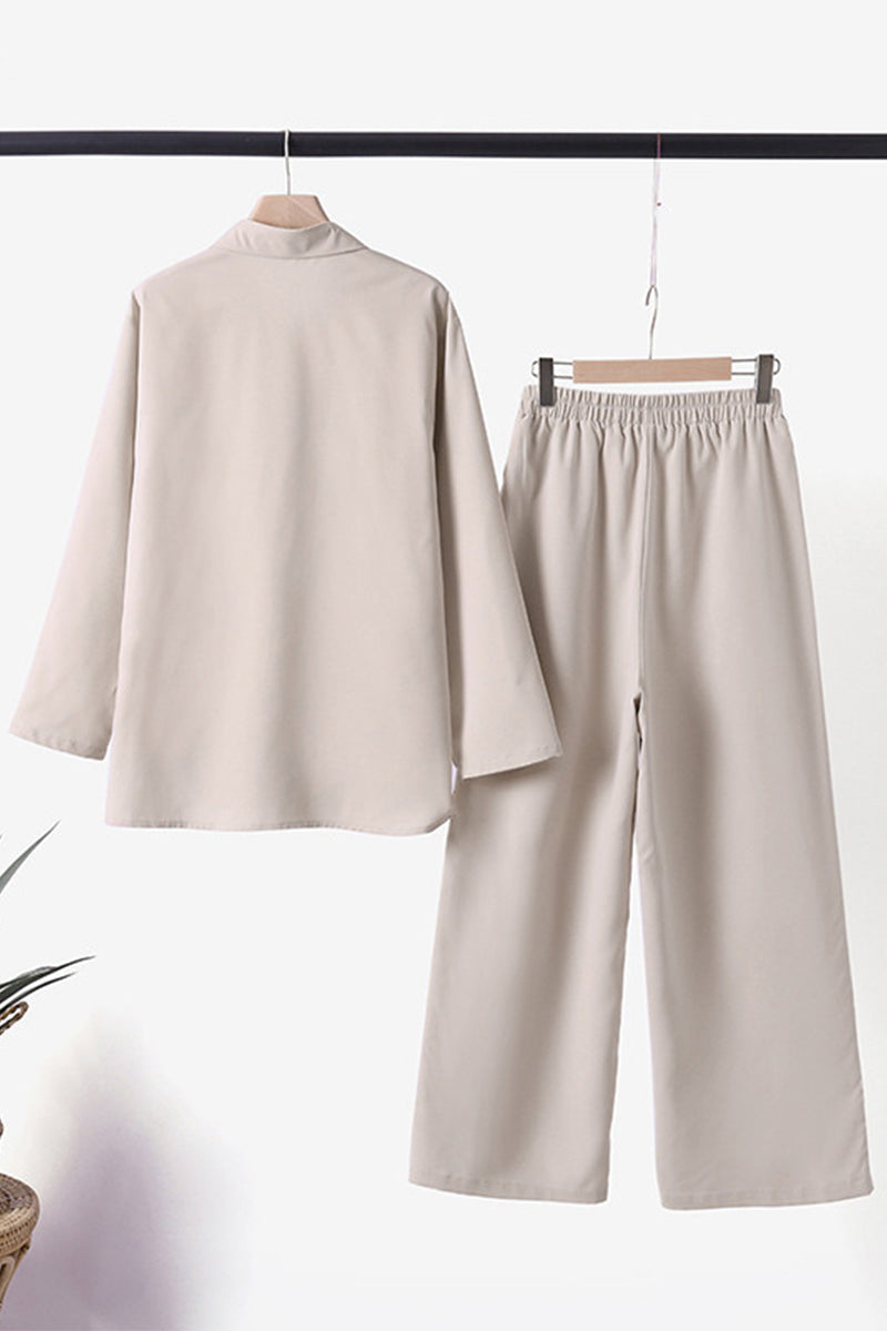 Women's Two-Piece Set with Wrap Collar and Long Sleeves