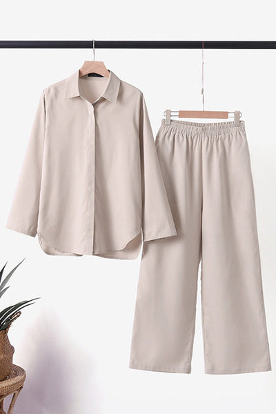 Women's Two-Piece Set with Wrap Collar and Long Sleeves