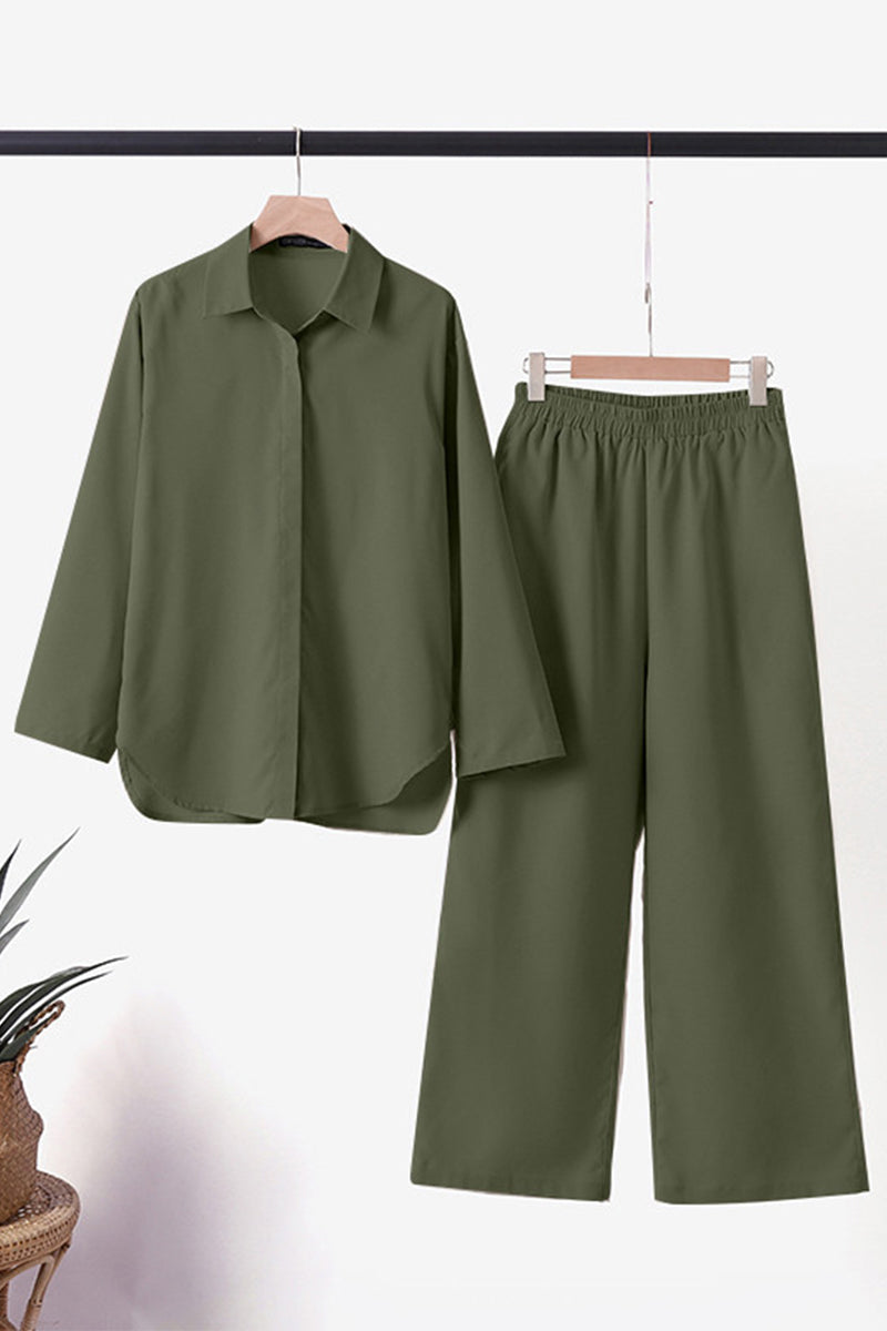Women's Two-Piece Set with Wrap Collar and Long Sleeves