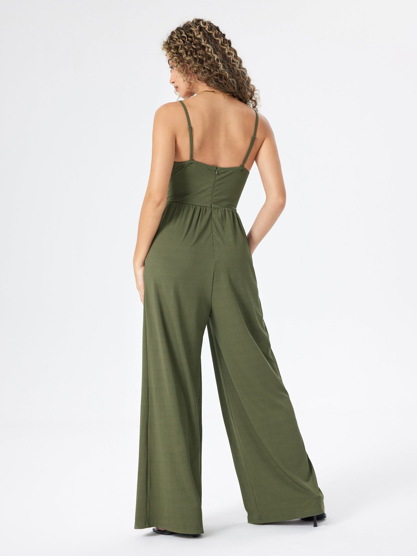 Women's Jumpsuit - Sleeveless V-Neck - Spaghetti Straps - Wide-Leg Full Length