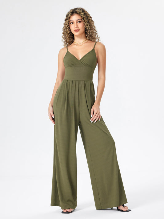 Women's Jumpsuit - Sleeveless V-Neck - Spaghetti Straps - Wide-Leg Full Length