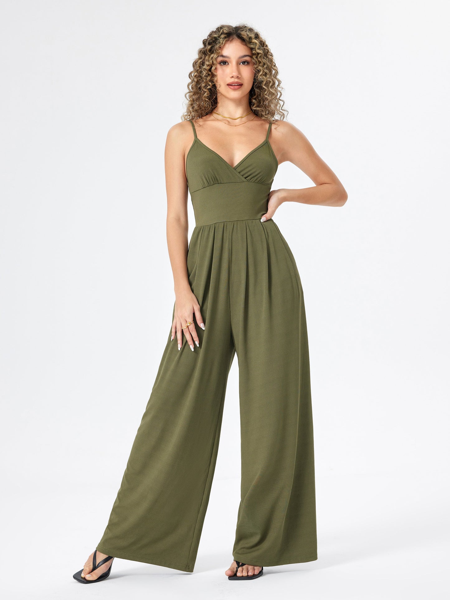 Women's Jumpsuit - Sleeveless V-Neck - Spaghetti Straps - Wide-Leg Full Length