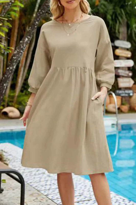 Women's Linen Midi Dress - A-Line Loose Fit - Long Sleeve with Pockets - Casual Wear