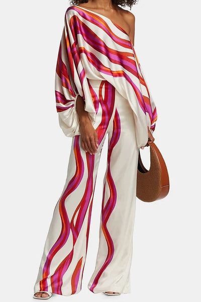 Women's Jumpsuit - Off-Shoulder - Long Sleeve - Cinched Waist - Wide-Leg Elegant Fit