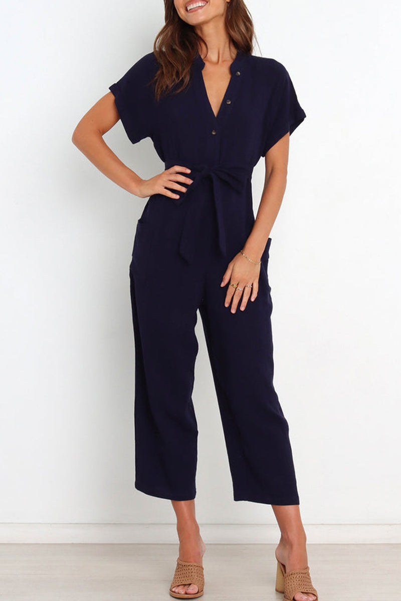 April - V-hals knoopsluiting jumpsuit met riem