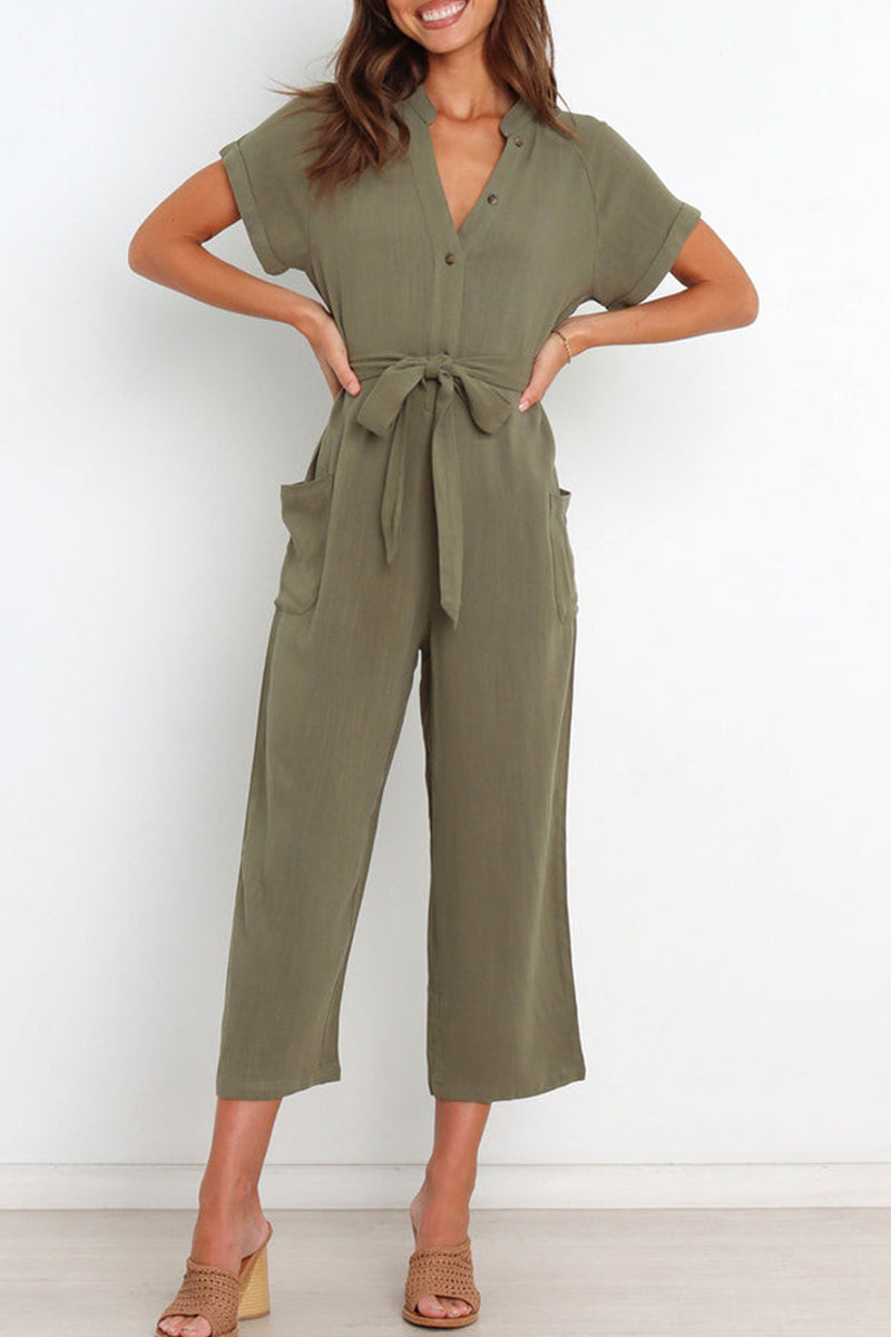 April - V-hals knoopsluiting jumpsuit met riem