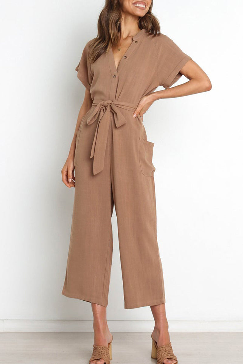 Women's v-neck button down jumpsuit with belt