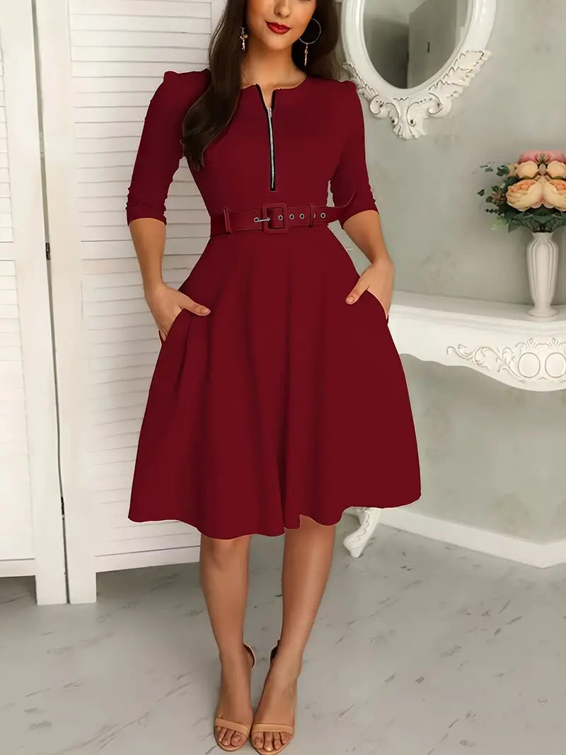 Women's Fit-and-Flare Dress - Three-Quarter Sleeves - Round Neck with Zipper - Belted Waist - Knee Length - With Pockets