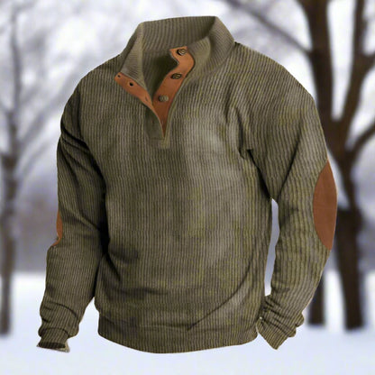 Men’s Knitted Sweater – Wool Blend – Relaxed Fit – Ribbed – Elbow Patches – Button Neck