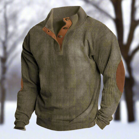 Men’s Knitted Sweater – Wool Blend – Relaxed Fit – Ribbed – Elbow Patches – Button Neck
