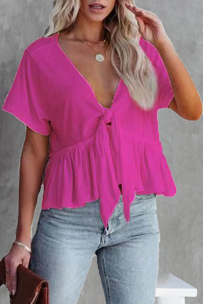 Women's daily bandage blouse with V-neck and bow at the front