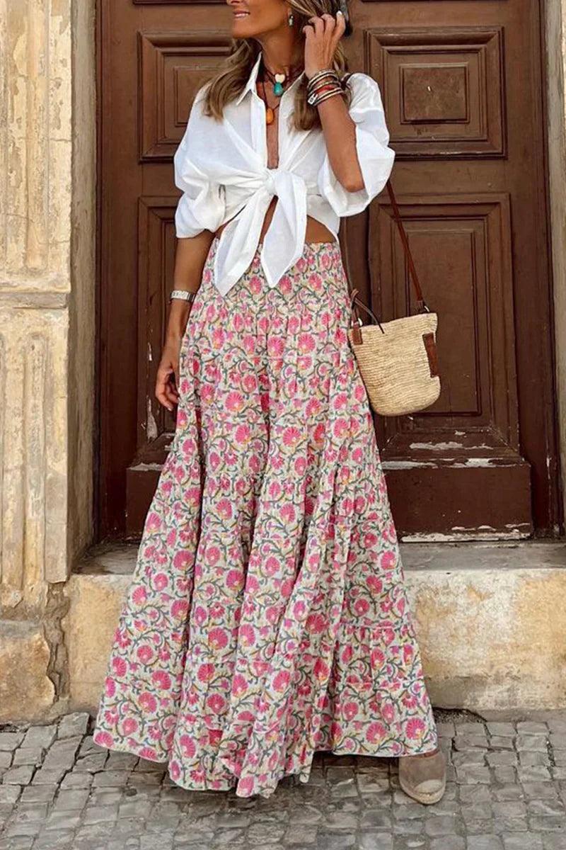 Women's Maxi Skirt - Flowy Full-Length - Elastic Waist - Bold Pattern Elegant Design