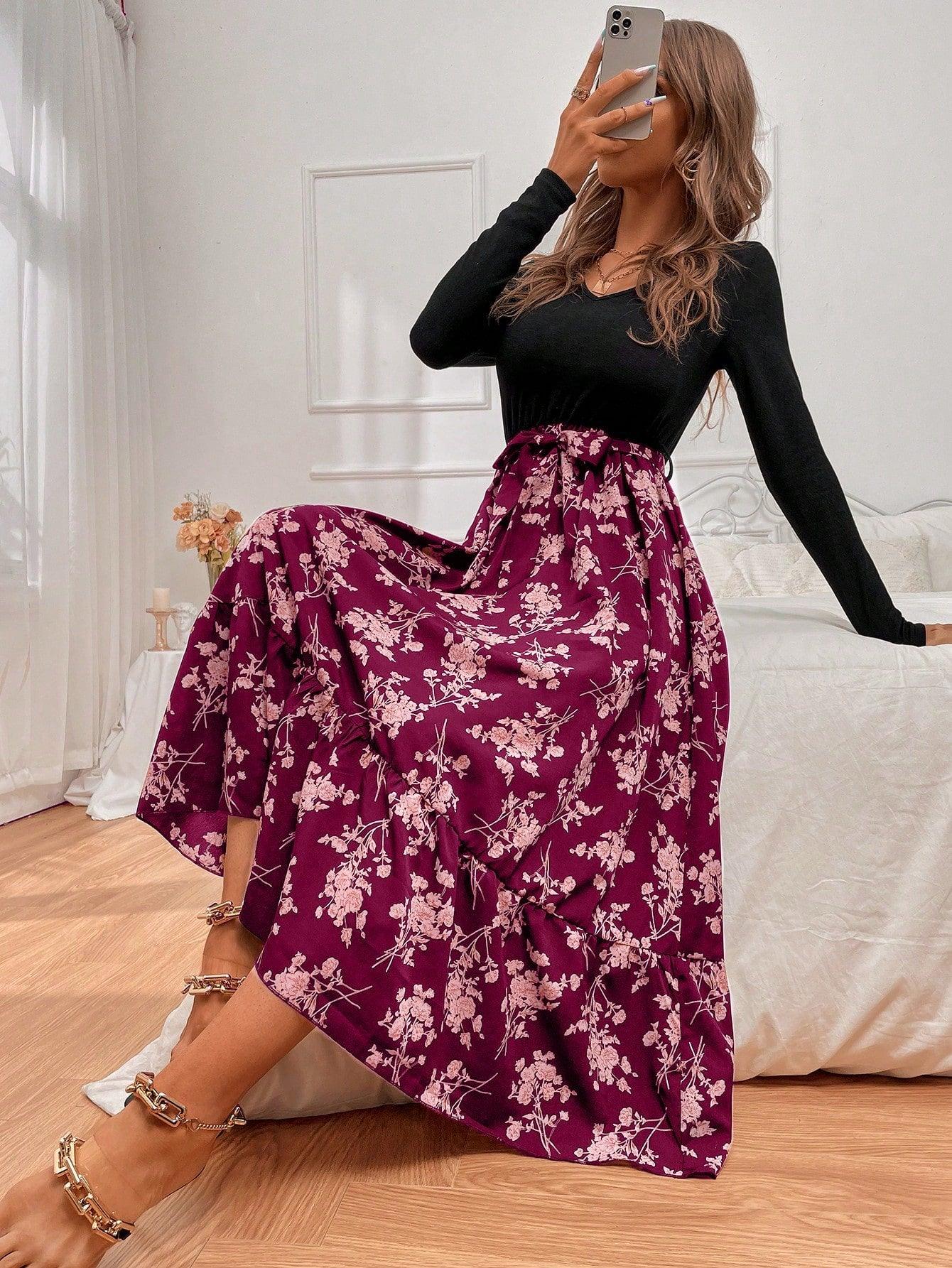 Floral A-Line Long Sleeve Dress for Women