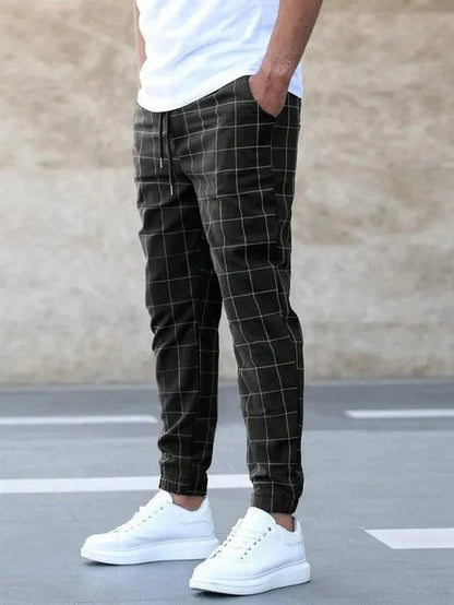 Men’s Jogger Pants - Checkered Pattern - Slim Tapered Fit - Elastic Waistband