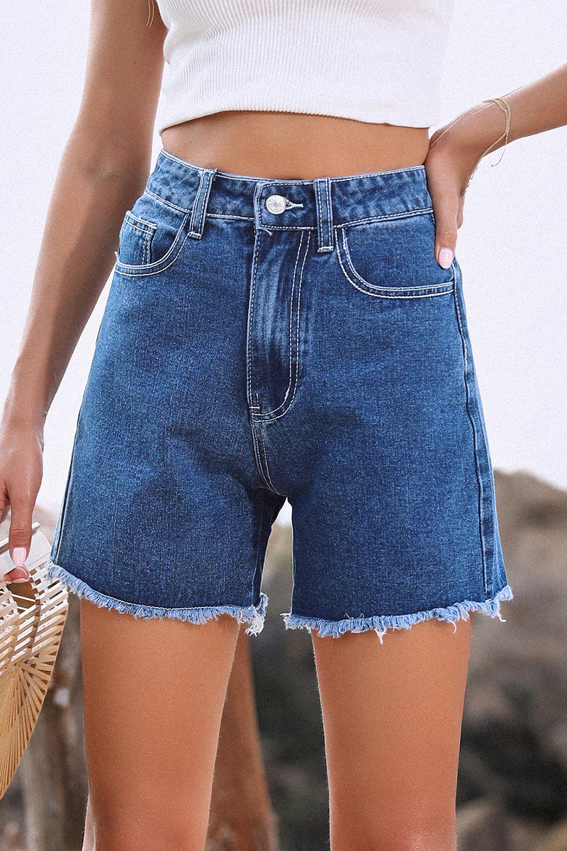 Women's solid color French denim shorts with raw hem