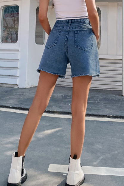 Women's solid color French denim shorts with raw hem