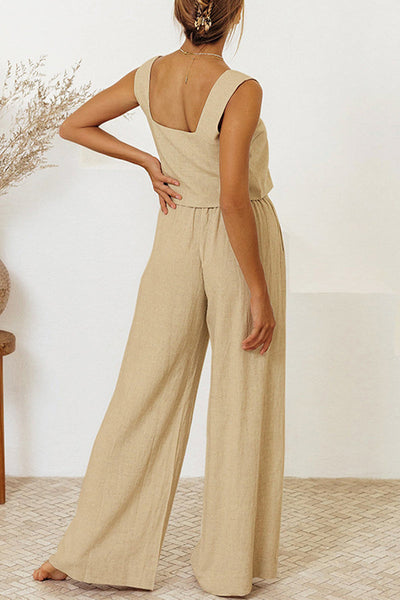 Women's Jumpsuit - Sleeveless Square Neck - Tie Waist - Wide Leg Flowy Design