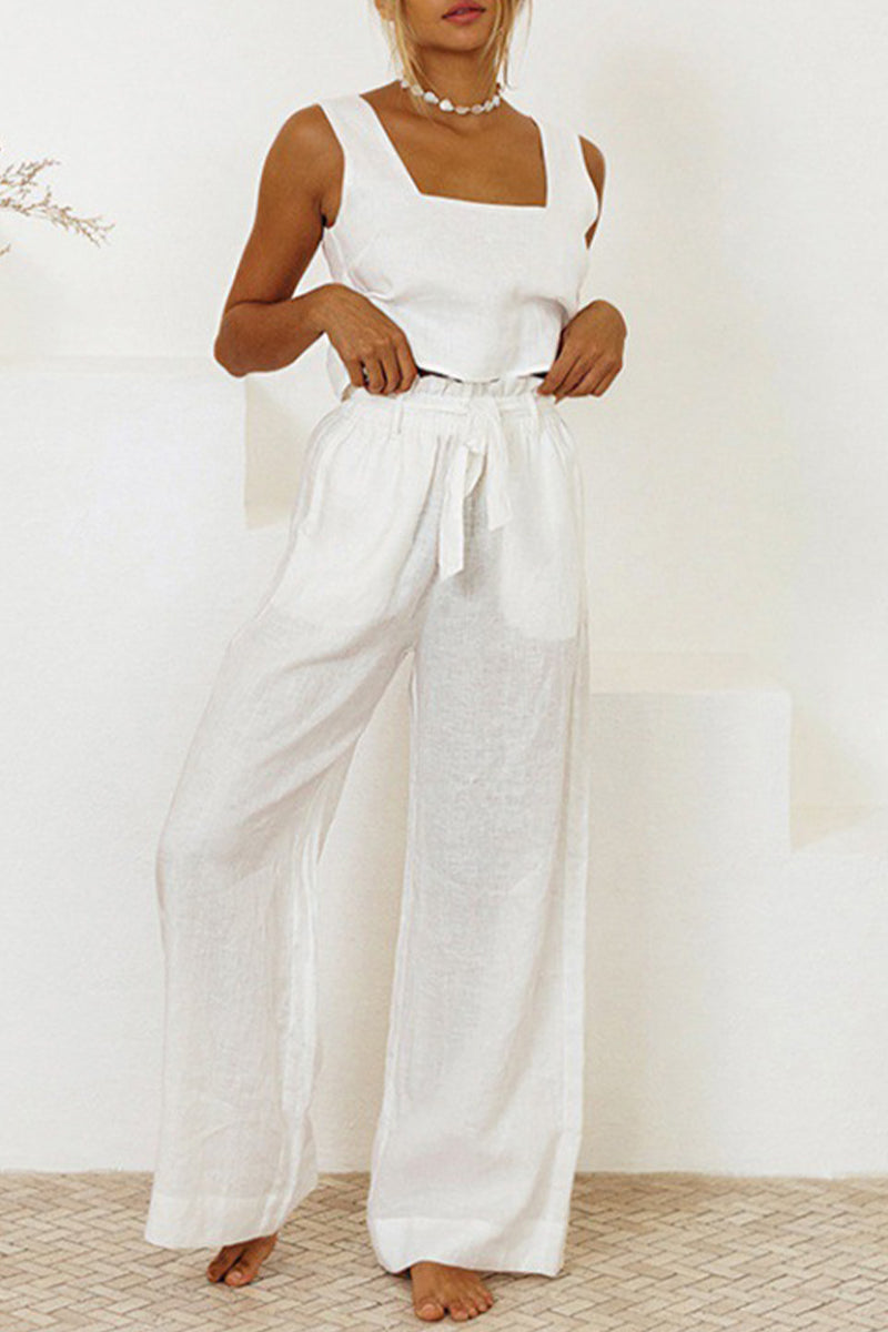 Women's Jumpsuit - Sleeveless Square Neck - Tie Waist - Wide Leg Flowy Design