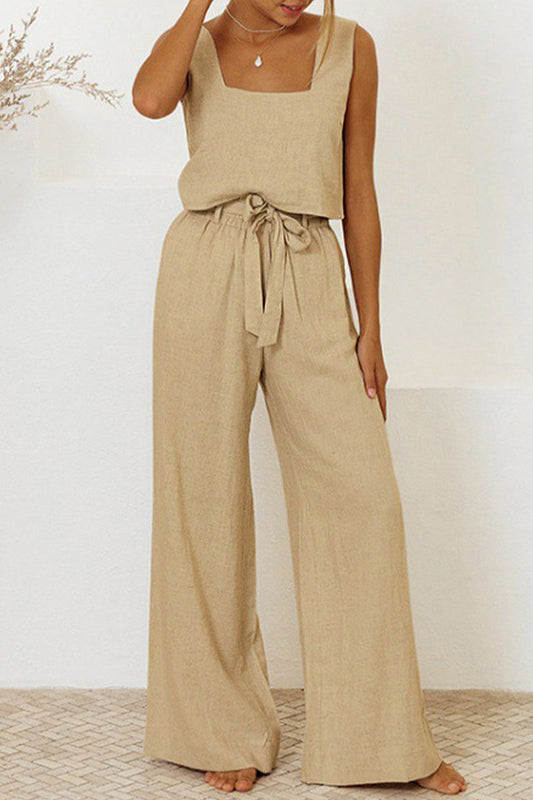 Women's Jumpsuit - Sleeveless Square Neck - Tie Waist - Wide Leg Flowy Design