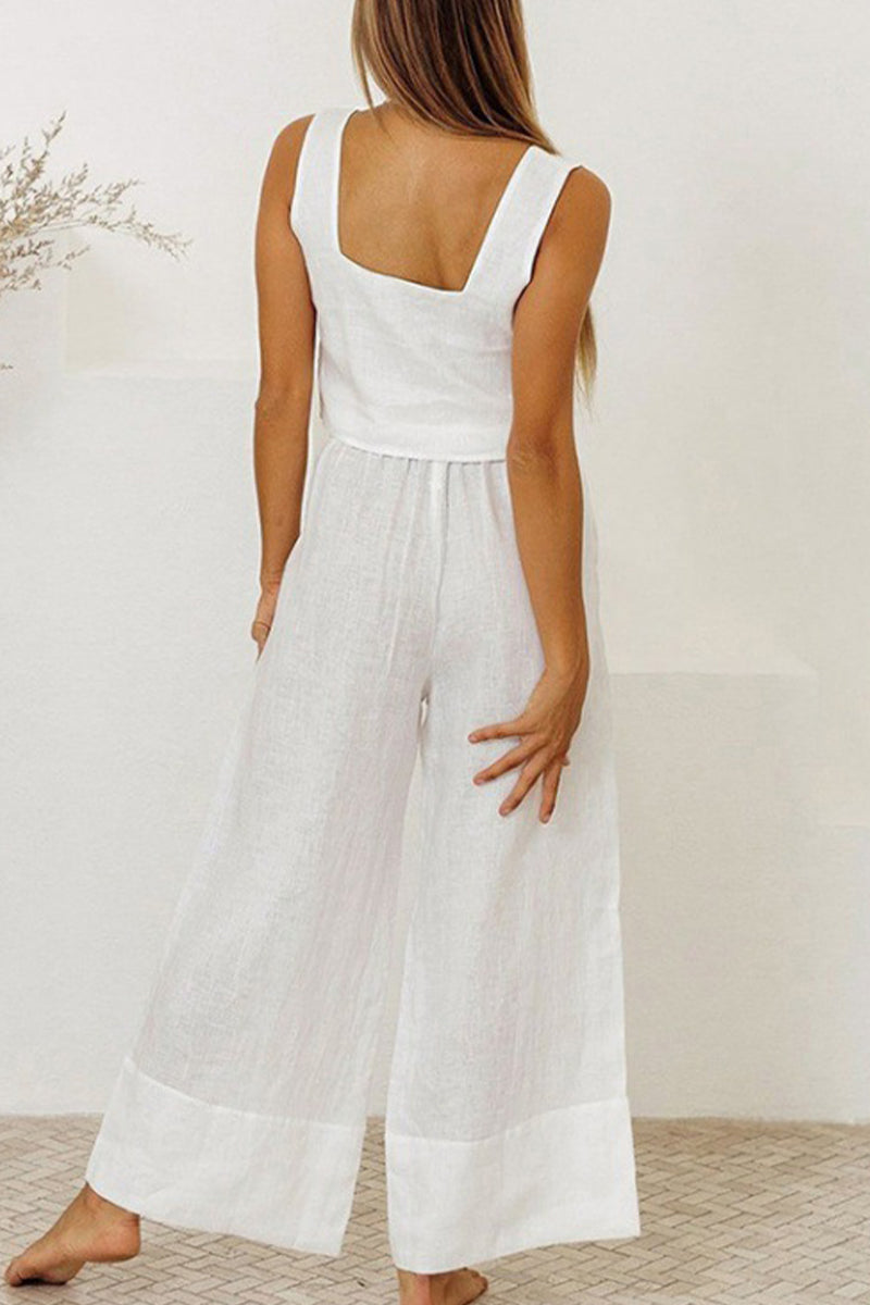 Women's Jumpsuit - Sleeveless Square Neck - Tie Waist - Wide Leg Flowy Design