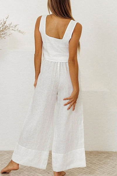 Women's Jumpsuit - Sleeveless Square Neck - Tie Waist - Wide Leg Flowy Design