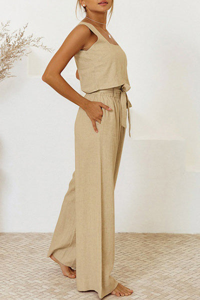 Women's Jumpsuit - Sleeveless Square Neck - Tie Waist - Wide Leg Flowy Design