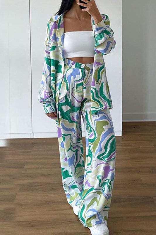 Women's printed two-piece set with cardigan pants