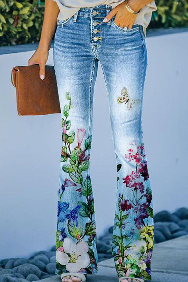 Women's casual floral pocket regular denim jean