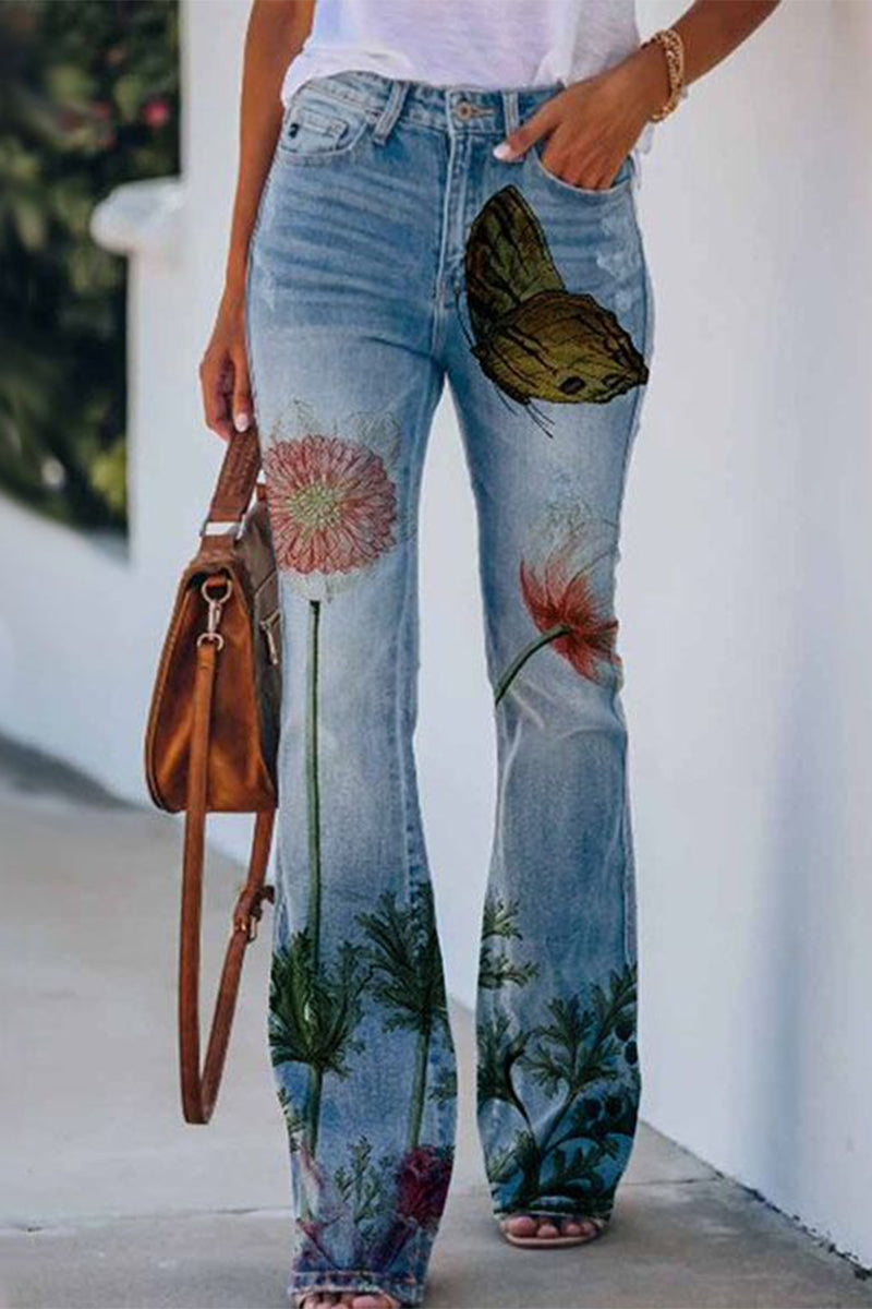 Women's casual floral pocket regular denim jean