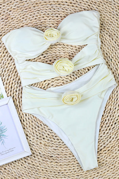 Women’s Bandeau Swimsuit – High Cut – Floral Appliqué – Side Cut-Out – Stretch Fit