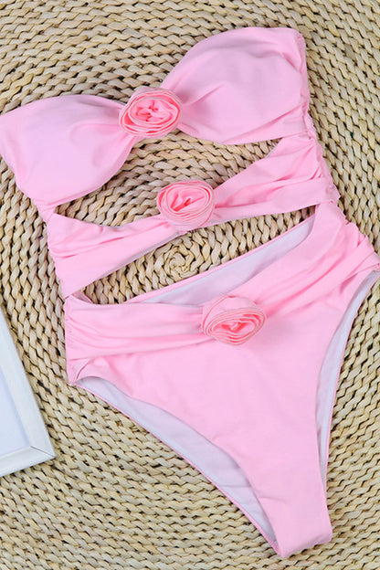 Women’s Bandeau Swimsuit – High Cut – Floral Appliqué – Side Cut-Out – Stretch Fit