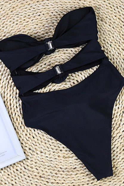 Women’s Bandeau Swimsuit – High Cut – Floral Appliqué – Side Cut-Out – Stretch Fit
