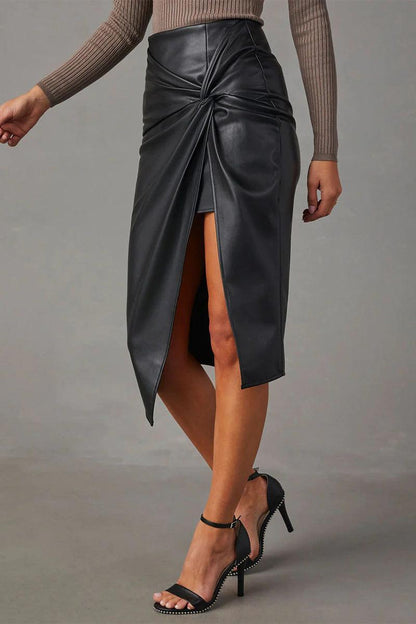 Women's High-Waisted Faux Leather Skirt - Asymmetric Wrap Design - Knotted Waist Midi