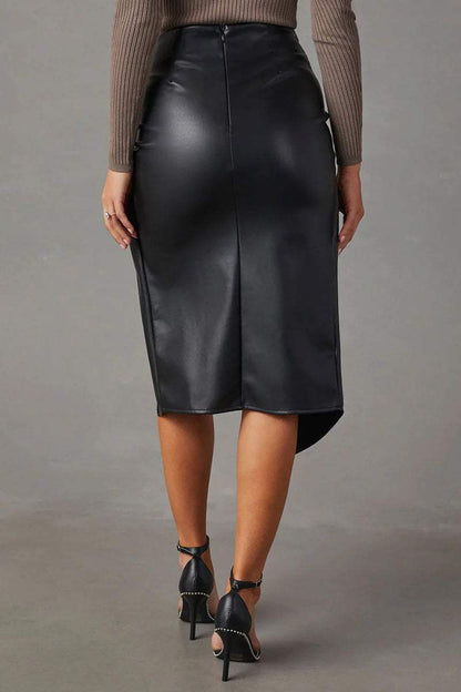 Women's High-Waisted Faux Leather Skirt - Pencil Fit - Ruched Front - High Slit