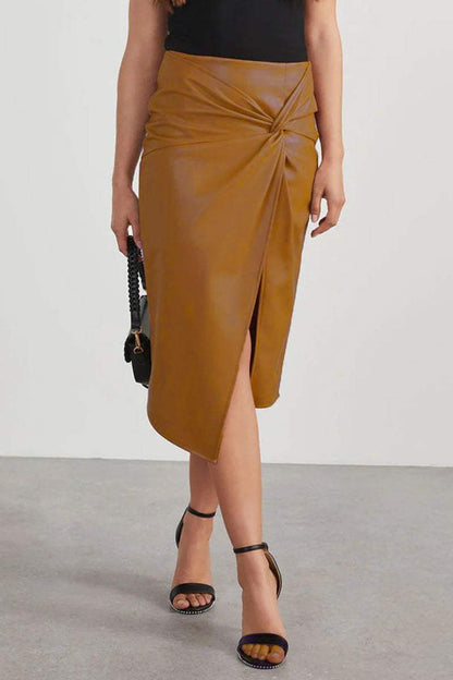 Women's High-Waisted Faux Leather Skirt - Asymmetric Wrap Design - Knotted Waist Midi